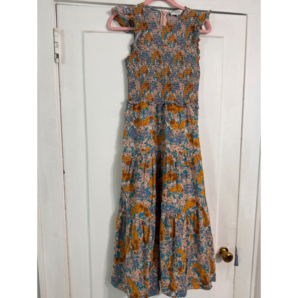 Sea New York Blue Orange Floral Smocked Tiered Midi Dress Size 4